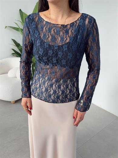 Lacivert Bisiklet Yaka Uzun Kollu Dantel Bluz