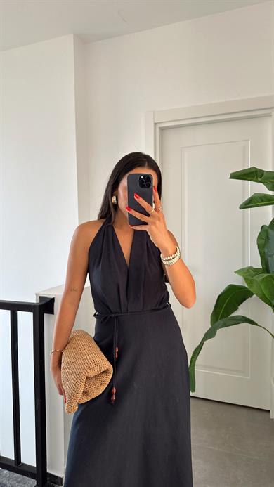 Lacivert Boyundan Geçmeli Sırt Dekolteli Elbise