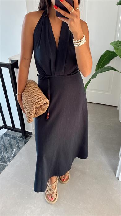 Lacivert Boyundan Geçmeli Sırt Dekolteli Elbise