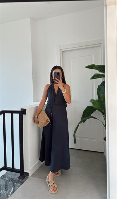 Lacivert Boyundan Geçmeli Sırt Dekolteli Elbise