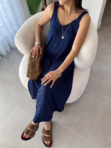 Lacivert Büzgü Askılı Modal Kumaş Elbise