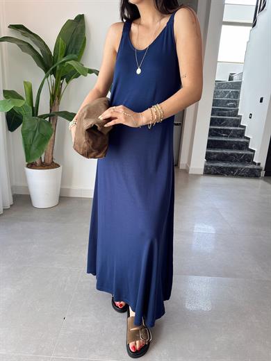 Lacivert Büzgü Askılı Modal Kumaş Elbise