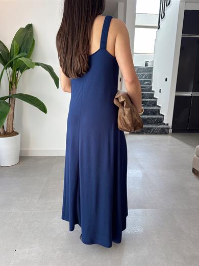 Lacivert Büzgü Askılı Modal Kumaş Elbise