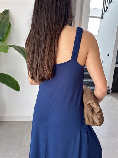 Lacivert Büzgü Askılı Modal Kumaş Elbise