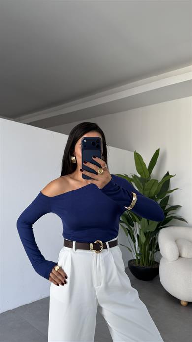 Lacivert Buzy Kayık Yaka Tek Omuz Uzun Kol Bady