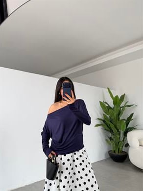 Lacivert Buzzy Geniş Yaka Bluz