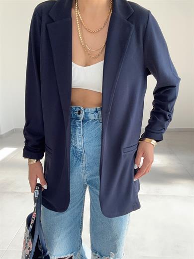 Lacivert Çelik Kumaş Kol Büzgülü Blazer Ceket