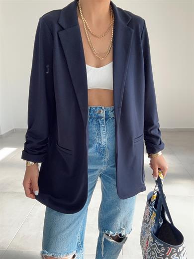 Lacivert Çelik Kumaş Kol Büzgülü Blazer Ceket