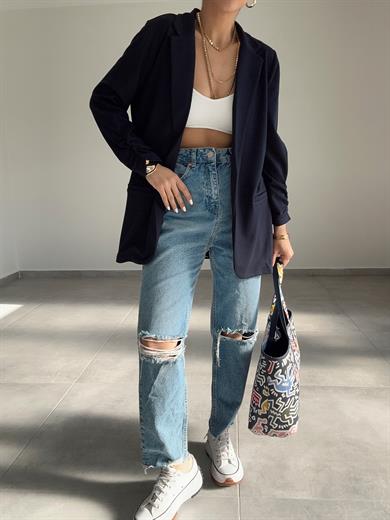 Lacivert Çelik Kumaş Kol Büzgülü Blazer Ceket