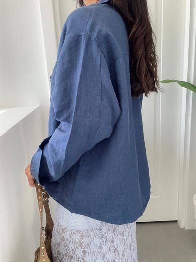 Lacivert Çift Cepli Keten Gömlek