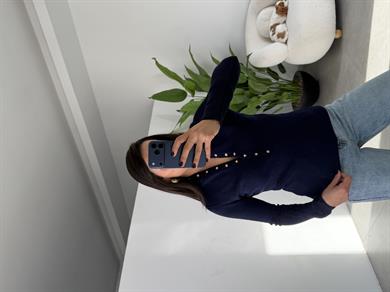 Lacivert Çıtçıtlı Boğazlı Kazak