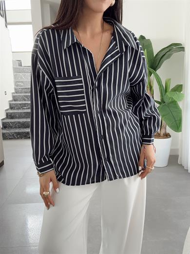 Lacivert Çizgili Açık Yaka Gömlek