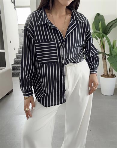 Lacivert Çizgili Açık Yaka Gömlek