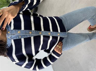 Lacivert Çizgili Kotlu Triko Hırka