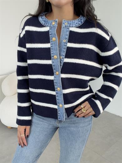 Lacivert Çizgili Kotlu Triko Hırka