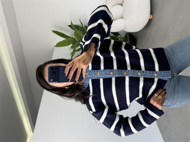 Lacivert Çizgili Kotlu Triko Hırka