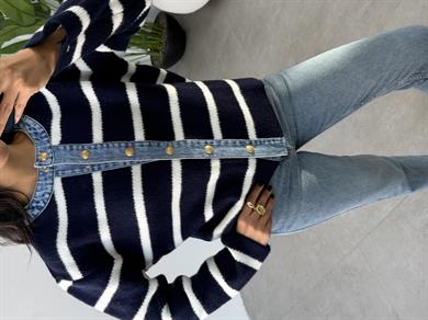 Lacivert Çizgili Kotlu Triko Hırka