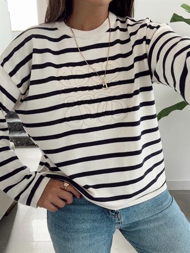 Lacivert Çizgili Nakışlı Kazak