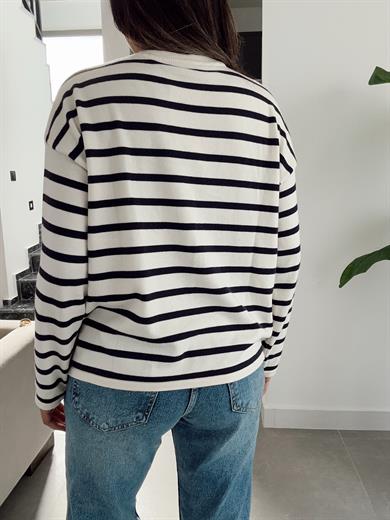 Lacivert Çizgili Nakışlı Kazak