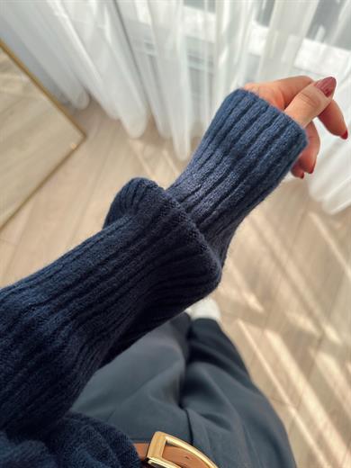 Lacivert Degaje Yaka Fitilli Kazak