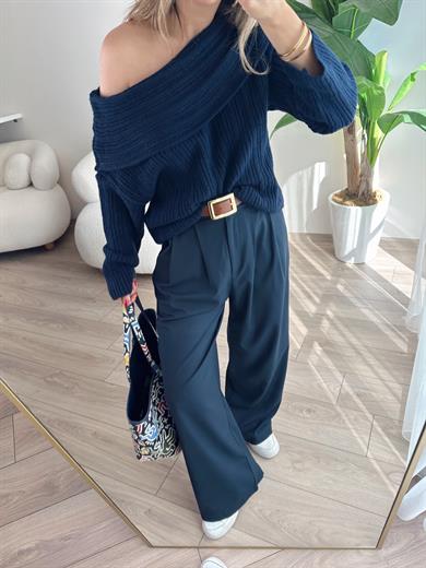 Lacivert Degaje Yaka Fitilli Kazak