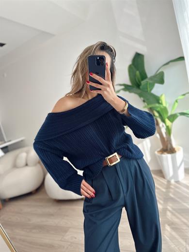 Lacivert Degaje Yaka Fitilli Kazak