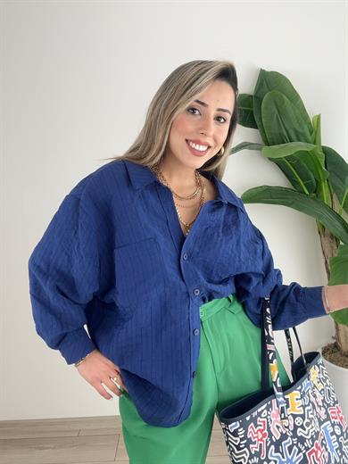 Lacivert Dikiş Detaylı Oversize Gömlek