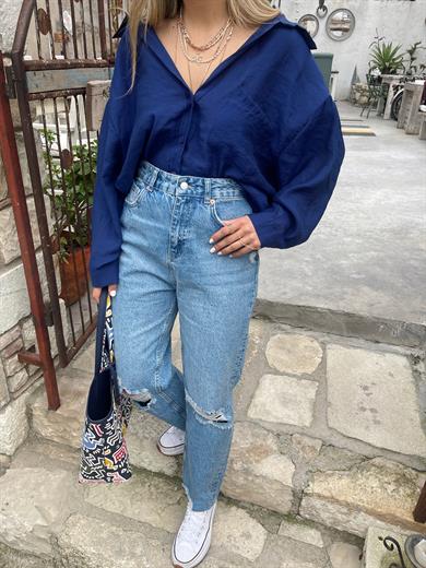 Lacivert Düşük Omuz Gömlek