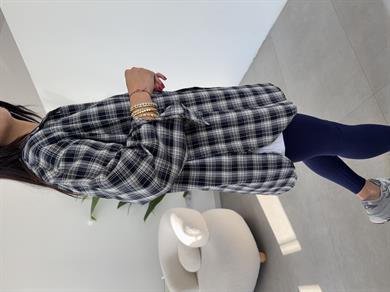 Lacivert Ekose Pamuk Oversize Gömlek