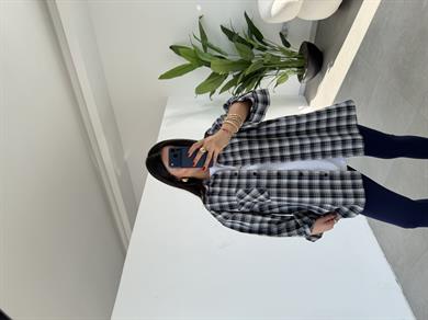 Lacivert Ekose Pamuk Oversize Gömlek