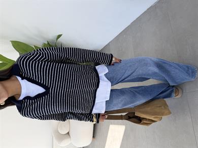 Lacivert-Ekru Çizgili Polo Yaka Triko Kazak