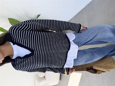 Lacivert-Ekru Çizgili Polo Yaka Triko Kazak