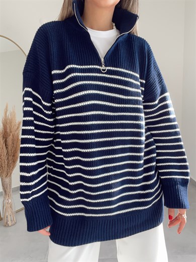 Lacivert Fermuarlı Çizgili Triko