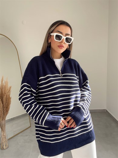 Lacivert Fermuarlı Çizgili Triko