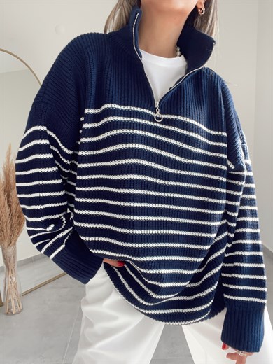 Lacivert Fermuarlı Çizgili Triko