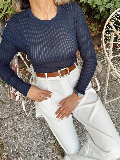 Lacivert Fitilli Ajurlu Triko Kazak