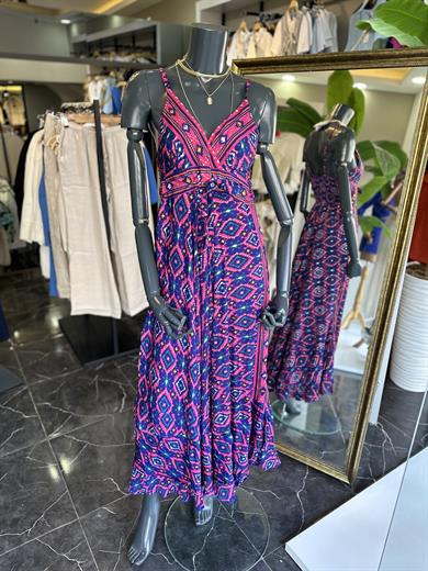 Lacivert-Fuşya İthal  Elbise