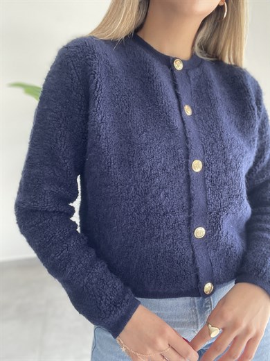 Lacivert Gold Düğmeli Peluş Hırka