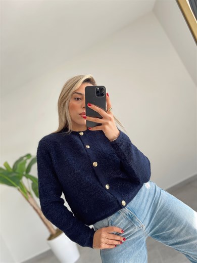 Lacivert Gold Düğmeli Peluş Hırka