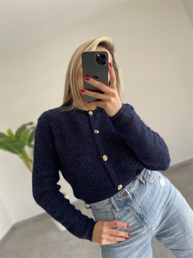 Lacivert Gold Düğmeli Peluş Hırka