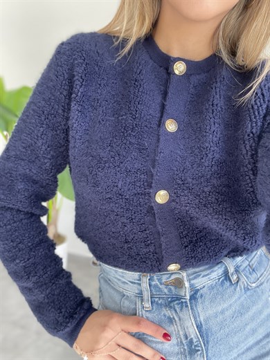 Lacivert Gold Düğmeli Peluş Hırka