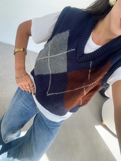 Lacivert-Kahve Baklava Desen Süveter