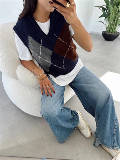 Lacivert-Kahve Baklava Desen Süveter