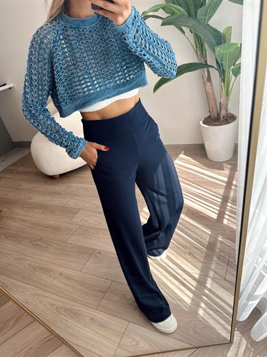 Lacivert Kalın Kemerli Yandan Fermuarlı Palazzo