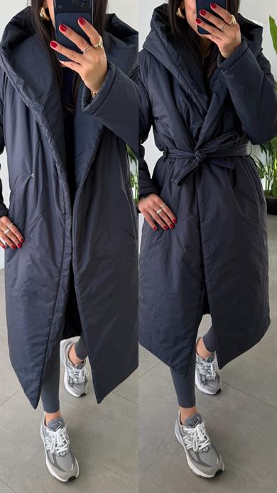 Lacivert Kapüşonlu Elyaflı Uzun Mont