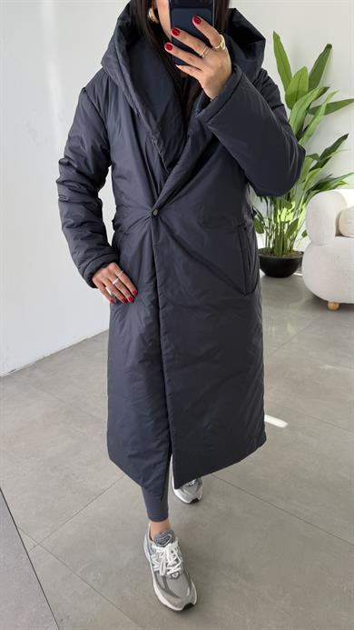 Lacivert Kapüşonlu Elyaflı Uzun Mont