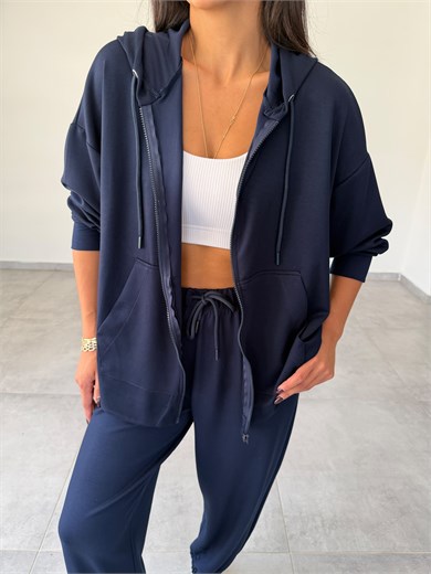 Lacivert Kapüşonlu Fermuarlı Rahat Kesim Sweatshirt