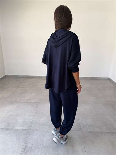 Lacivert Kapüşonlu Fermuarlı Rahat Kesim Sweatshirt