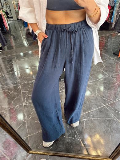 Lacivert Keten Bol Paça Pantolon