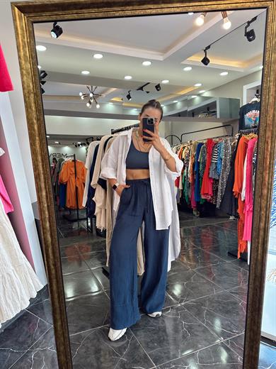 Lacivert Keten Bol Paça Pantolon